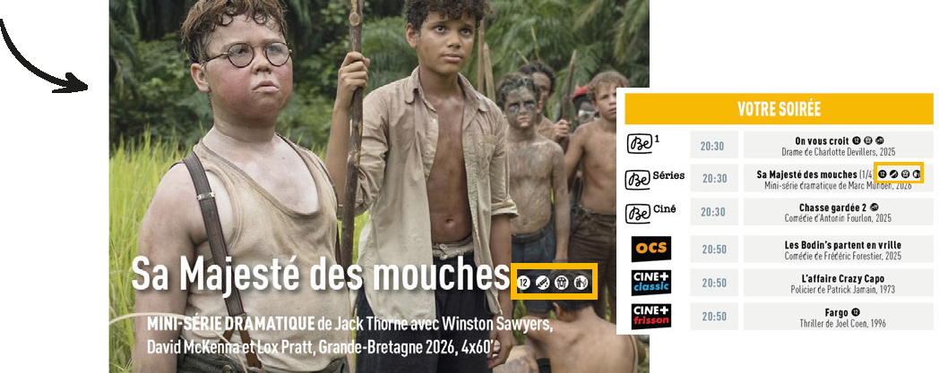 Exemple d'affichage de la signalétique sur un programme et dans le guide TV
